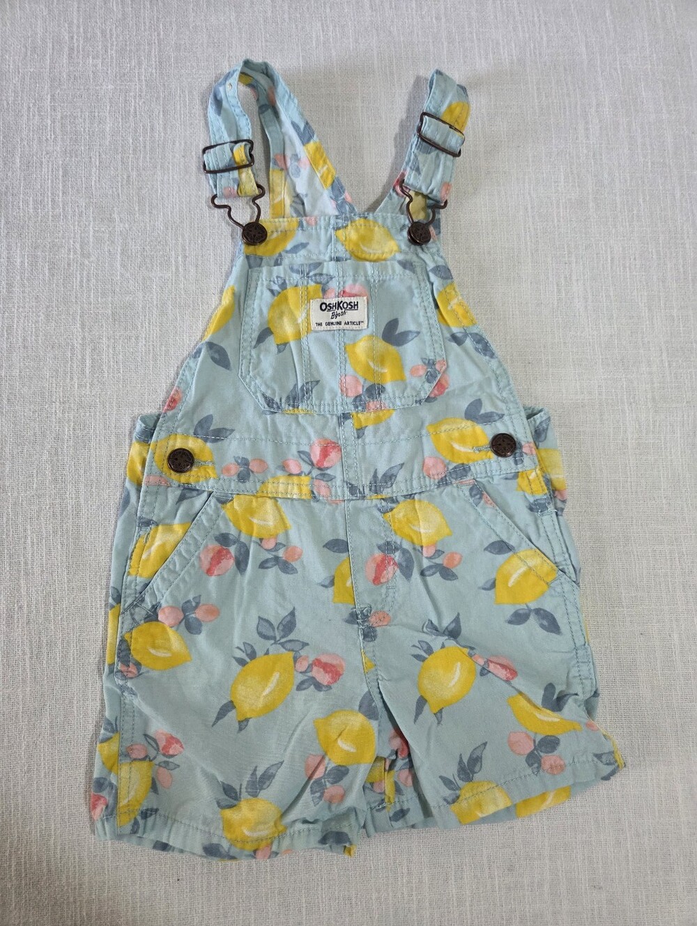 OshKosh B'gosh Light Blue Lemon Print Short Overalls 3t Girls Toddler